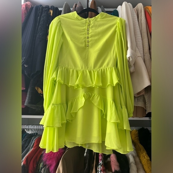 Anne Fernandes- Lime Neon Green Longsleeve Ruffle Layer Button Down Mini Dress - Picture 3 of 7